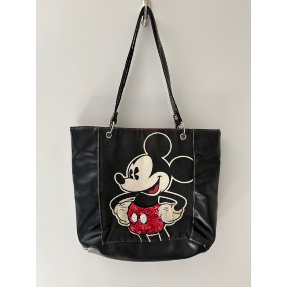 Disney Mickey Mouse Black Canvas Faux Leather Tote Bag Red Sequin Shorts Vintage